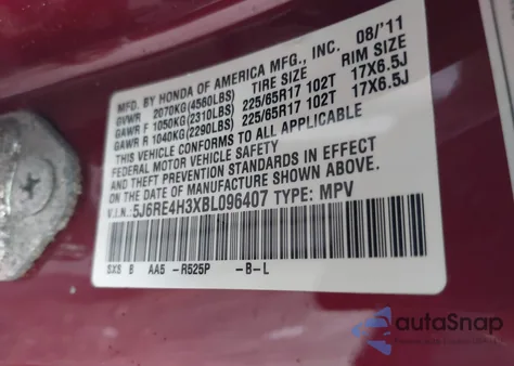 2011 Honda Cr-V Lx from USA, damaged, VIN 5J6RE4H3XBL096407